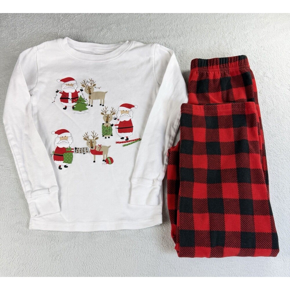 Carter's Boy's Youth Fleece Pajama Set Size 8 Red Buffalo Plaid Christmas Santa